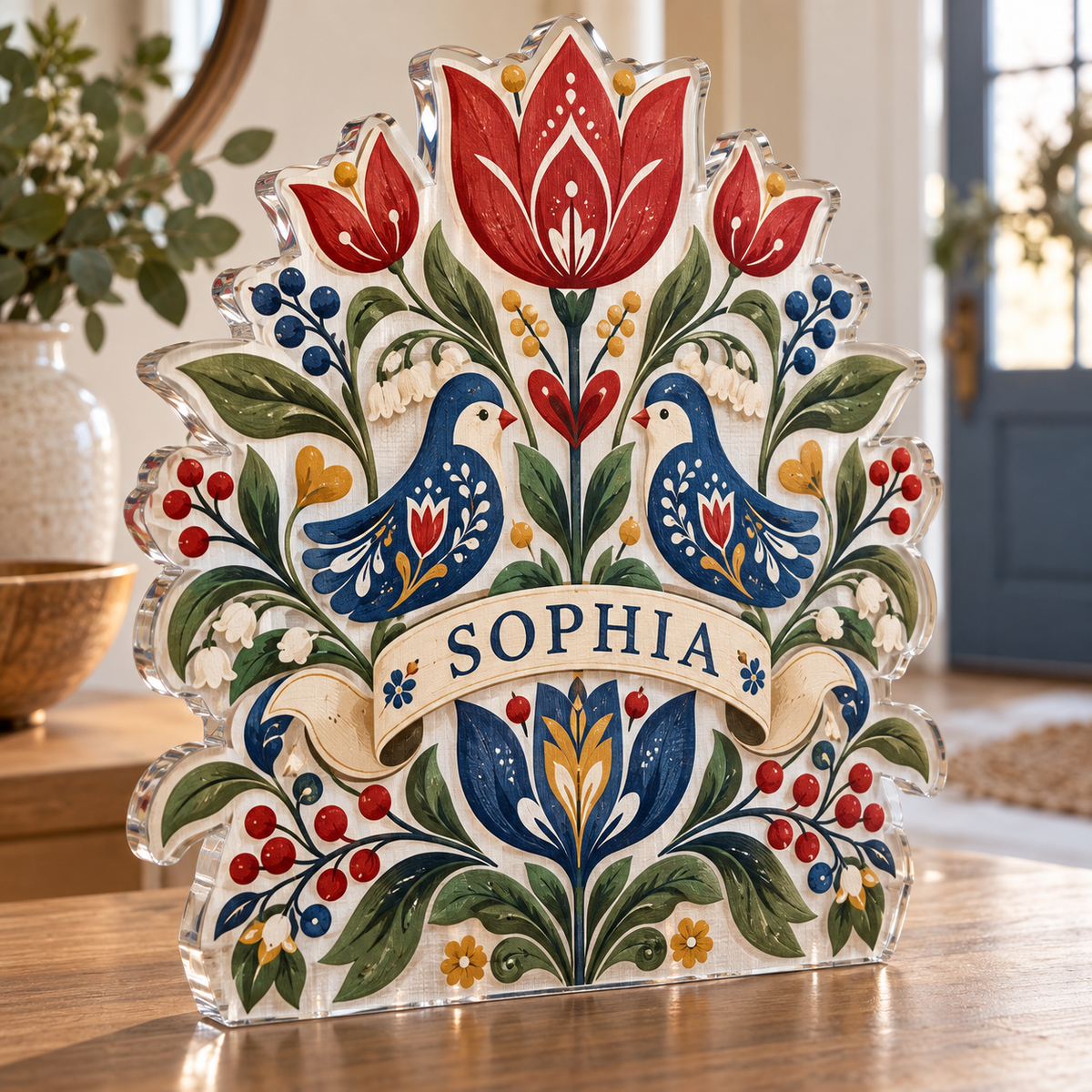 Artwork visualization: Scandinavian folk florals — personalized housewarming, personalized SOPHIA, subject-shaped acrylic with printed optical 3D depth; not carved relief.