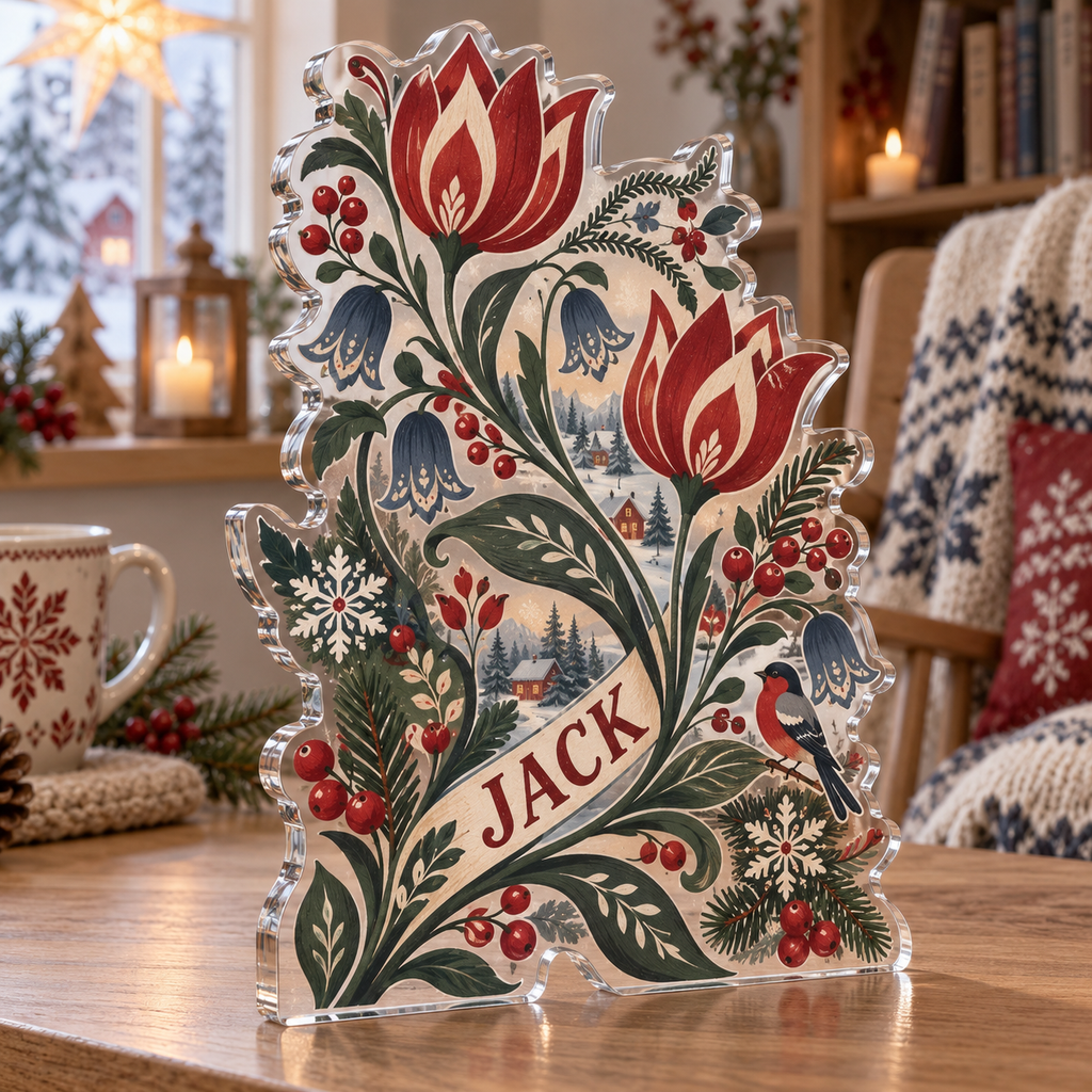 Artwork visualization: Scandinavian folk florals — quiet corner decoration, personalized JACK, subject-shaped acrylic with printed optical 3D depth; not carved relief.