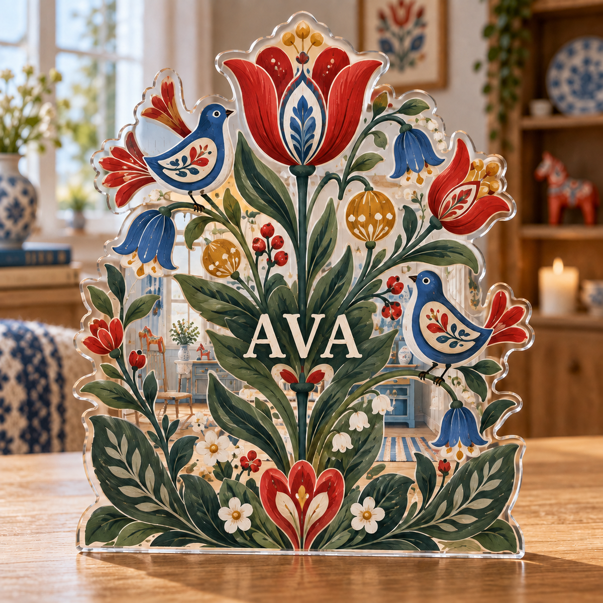 Artwork visualization: Scandinavian folk florals — collector birthday keepsake, personalized AVA, subject-shaped acrylic with printed optical 3D depth; not carved relief.
