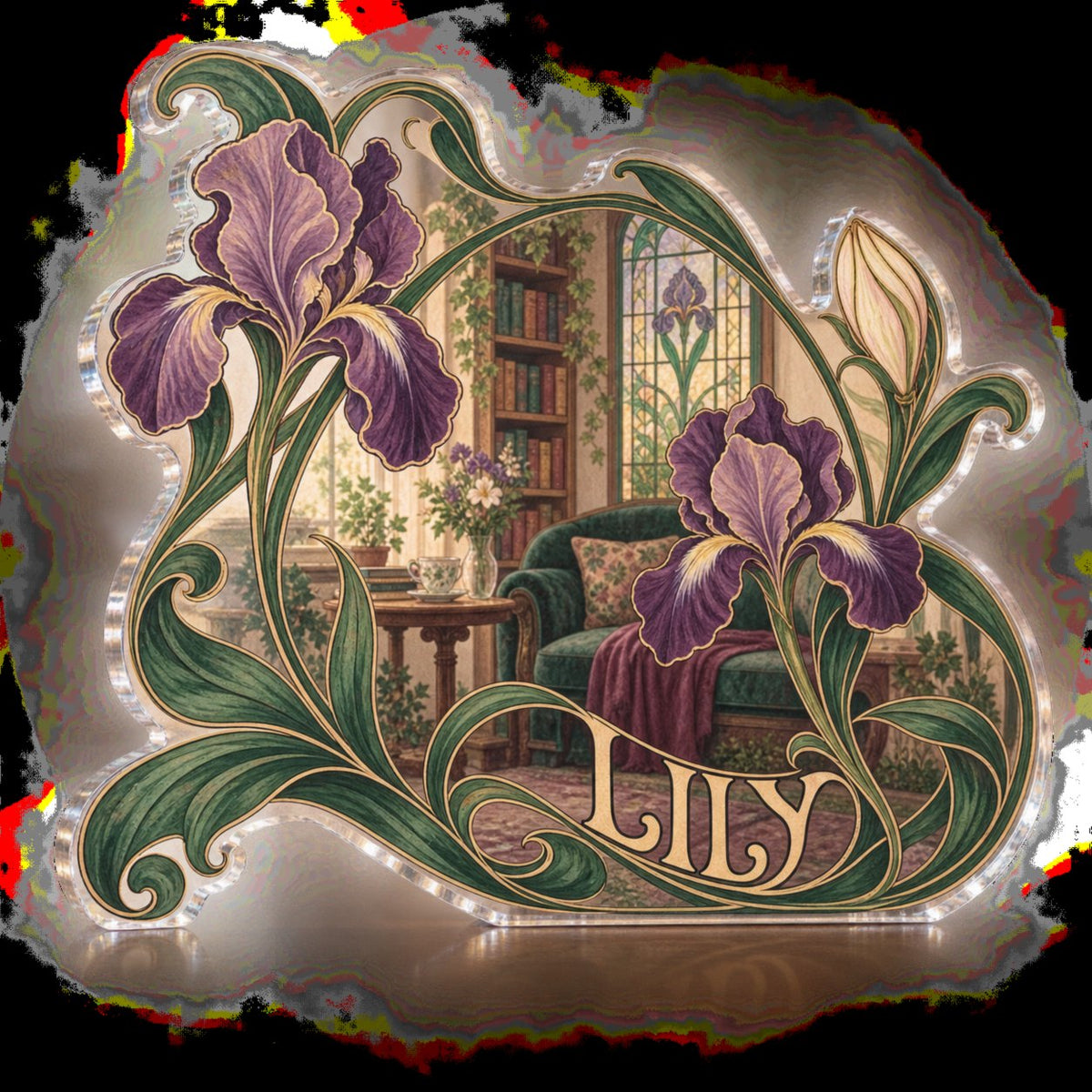 Personalized Art Nouveau Vines Reading Nook Decor custom shape acrylic plaque with an example name set into the artwork, digital preview