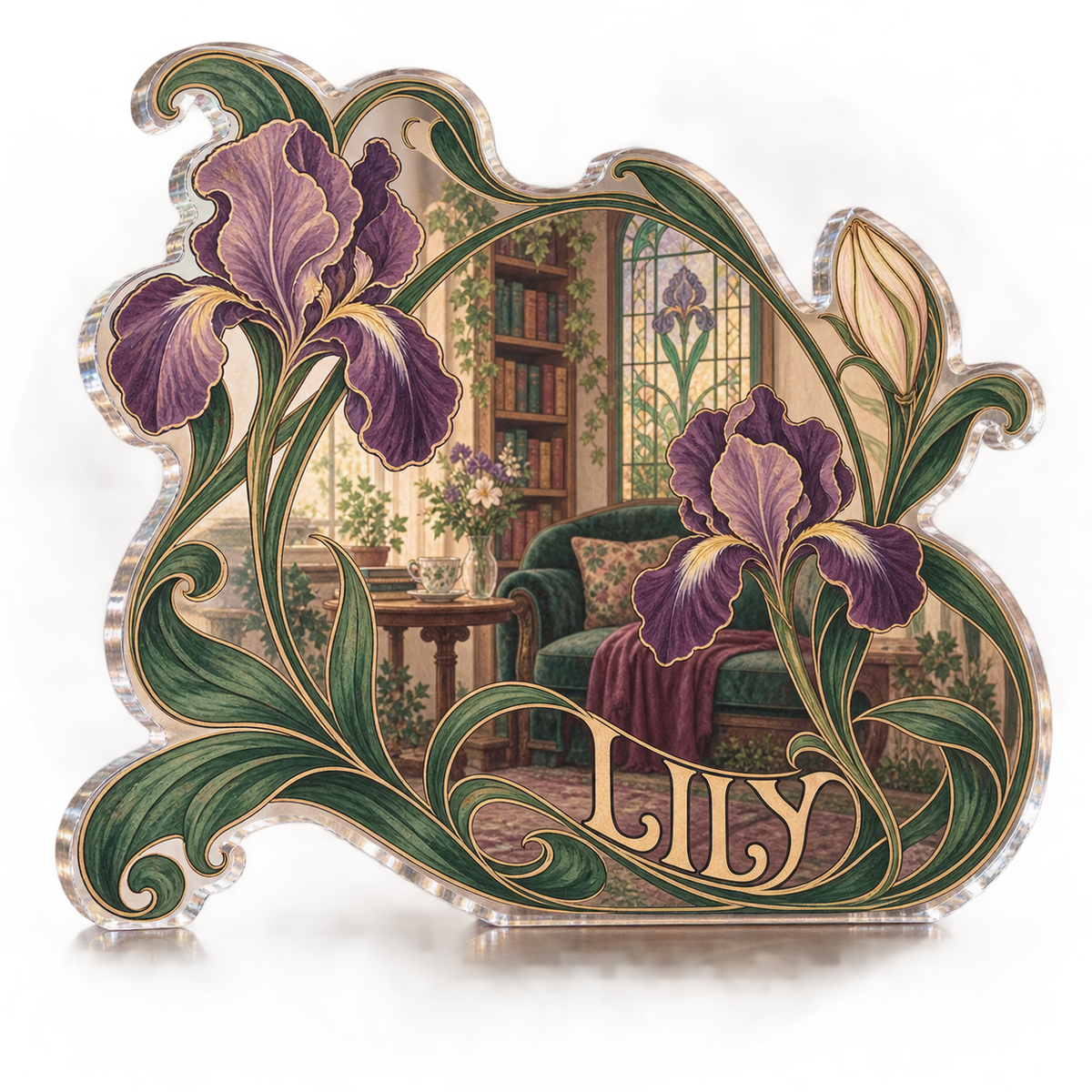 Artwork visualization: Art nouveau vines — reading nook decor, personalized LILY, subject-shaped acrylic with printed optical 3D depth; not carved relief.