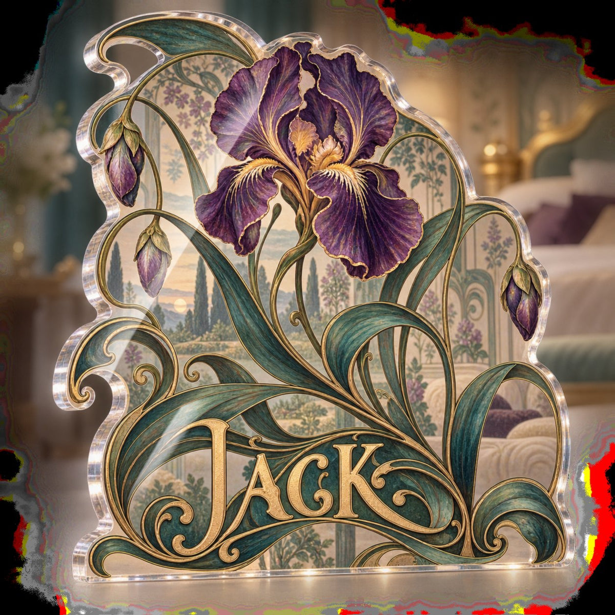 Personalized Art Nouveau Vines Bedroom Statement Decor custom shape acrylic plaque with an example name set into the artwork, digital preview