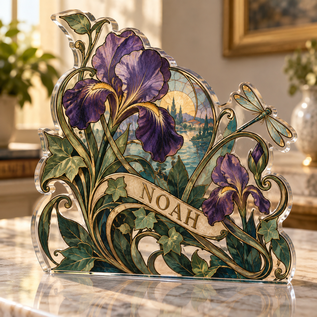Artwork visualization: Art nouveau vines — personalized housewarming, personalized NOAH, subject-shaped acrylic with printed optical 3D depth; not carved relief.
