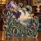 Artwork visualization: Art nouveau vines — collector birthday keepsake, personalized OLIVIA, subject-shaped acrylic with printed optical 3D depth; not carved relief.