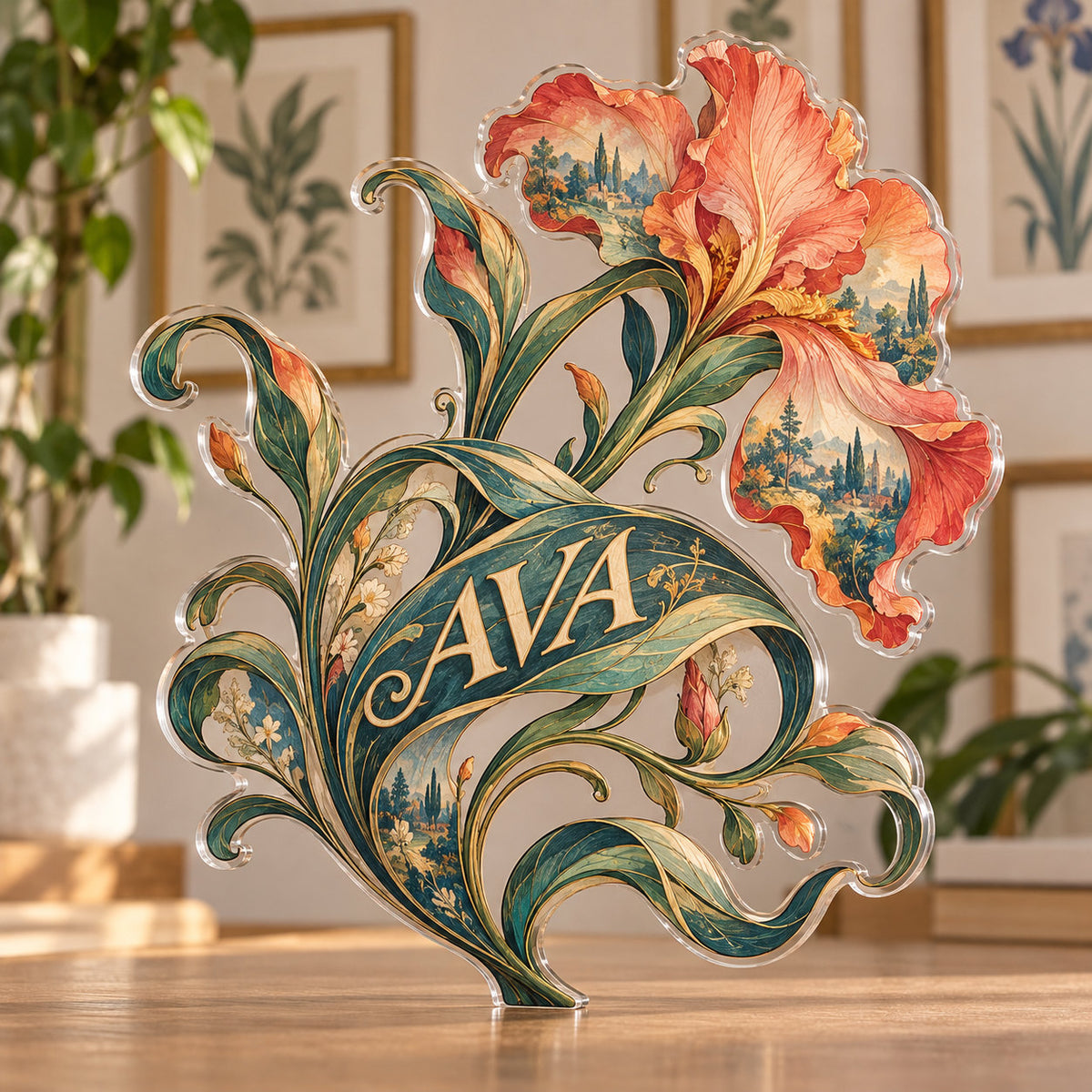 Personalized acrylic plaque with an example name set into the artwork, digital preview