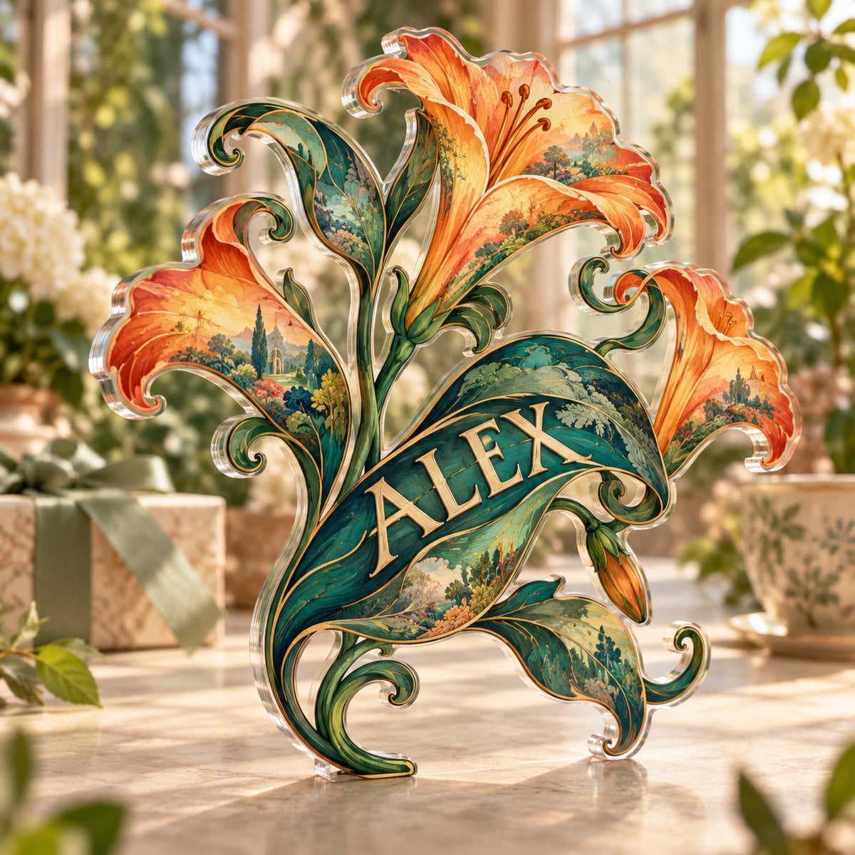 Personalized acrylic plaque with an example name set into the artwork, digital preview