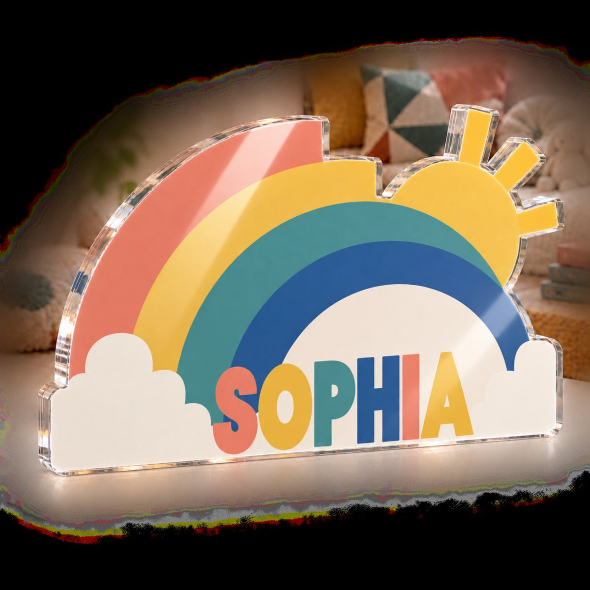 Personalized Geometric Rainbow Arcs Reading Nook Decor custom shape acrylic plaque with an example name set into the artwork, digital preview