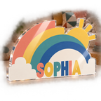 Artwork visualization: Geometric rainbow arcs — reading nook decor, personalized SOPHIA, subject-shaped acrylic with printed optical 3D depth; not carved relief.
