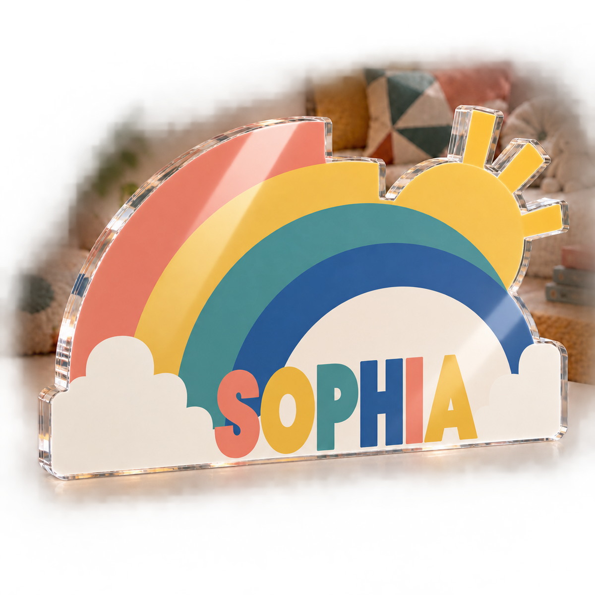 Artwork visualization: Geometric rainbow arcs — reading nook decor, personalized SOPHIA, subject-shaped acrylic with printed optical 3D depth; not carved relief.