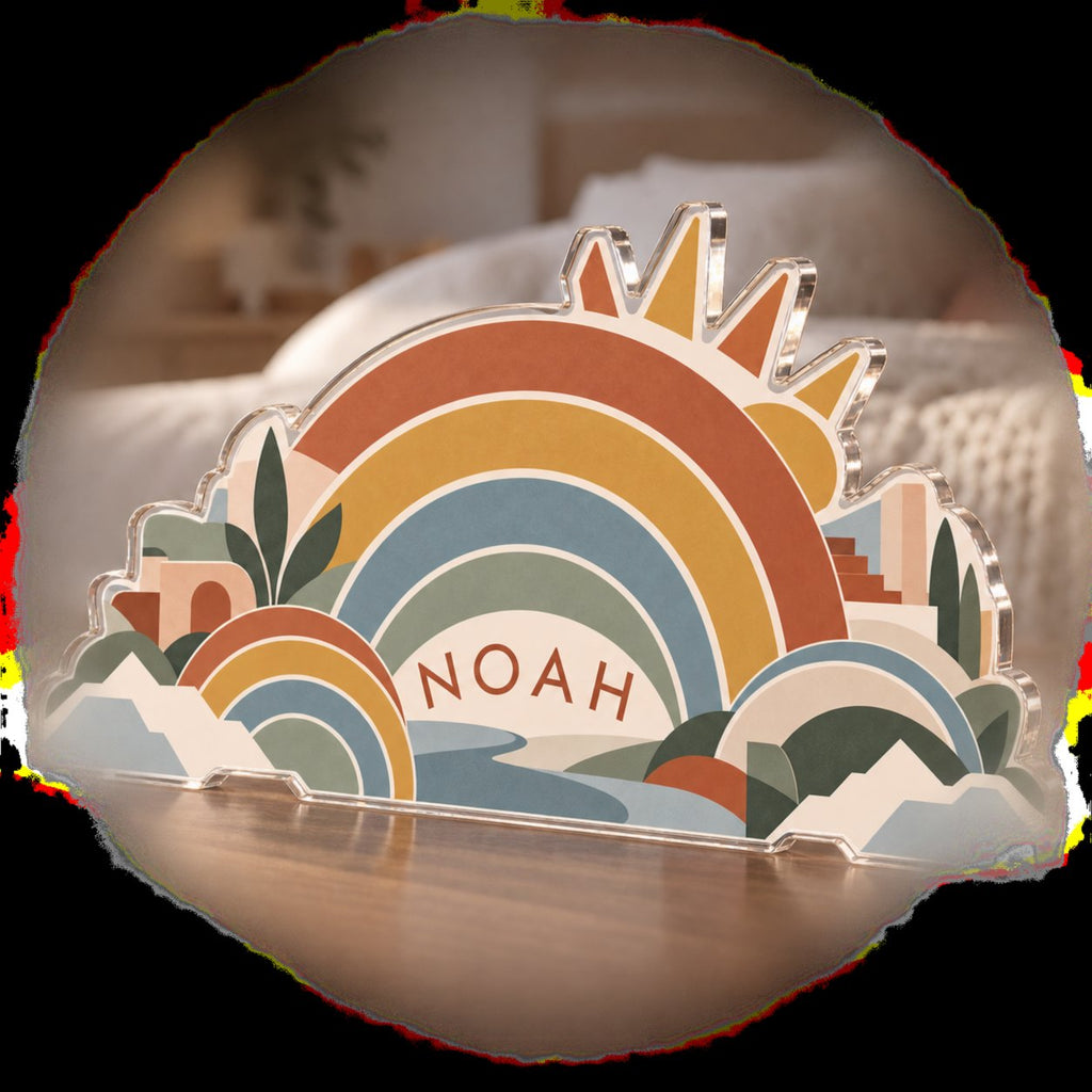 Personalized Geometric Rainbow Arcs Bedroom Statement Decor custom shape acrylic plaque with an example name set into the artwork, digital preview