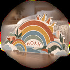 Personalized Geometric Rainbow Arcs Bedroom Statement Decor custom shape acrylic plaque with an example name set into the artwork, digital preview