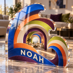 Artwork visualization: Geometric rainbow arcs — living room focal point, personalized NOAH, subject-shaped acrylic with printed optical 3D depth; not carved relief.