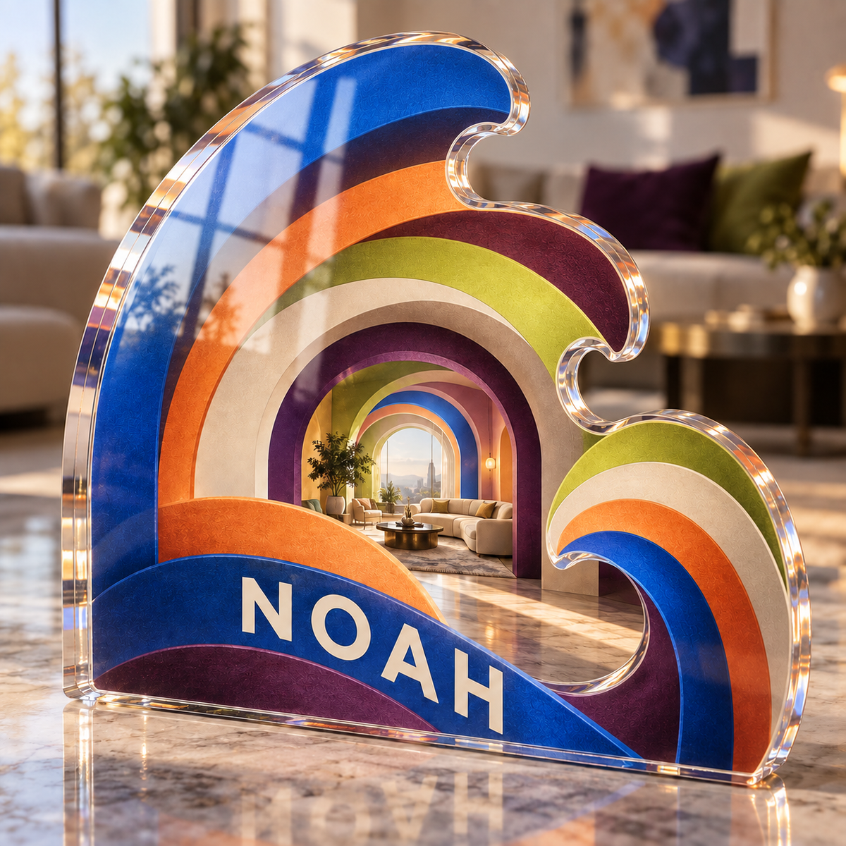Artwork visualization: Geometric rainbow arcs — living room focal point, personalized NOAH, subject-shaped acrylic with printed optical 3D depth; not carved relief.