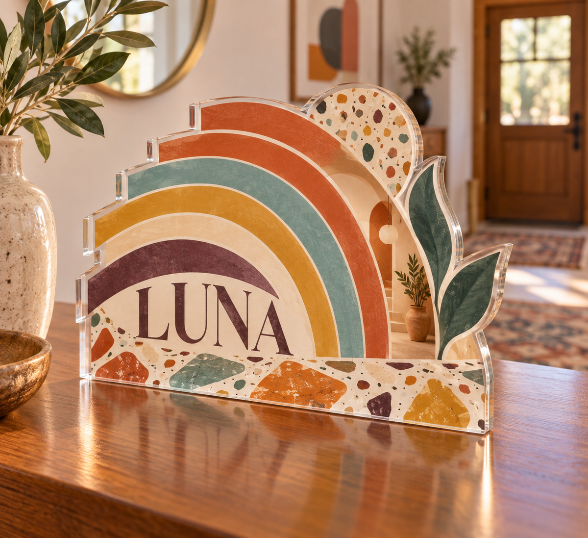 Artwork visualization: Geometric rainbow arcs — personalized housewarming, personalized LUNA, subject-shaped acrylic with printed optical 3D depth; not carved relief.