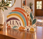 Artwork visualization: Geometric rainbow arcs — personalized housewarming, personalized LUNA, subject-shaped acrylic with printed optical 3D depth; not carved relief.
