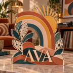 Artwork visualization: Geometric rainbow arcs — collector birthday keepsake, personalized AVA, subject-shaped acrylic with printed optical 3D depth; not carved relief.