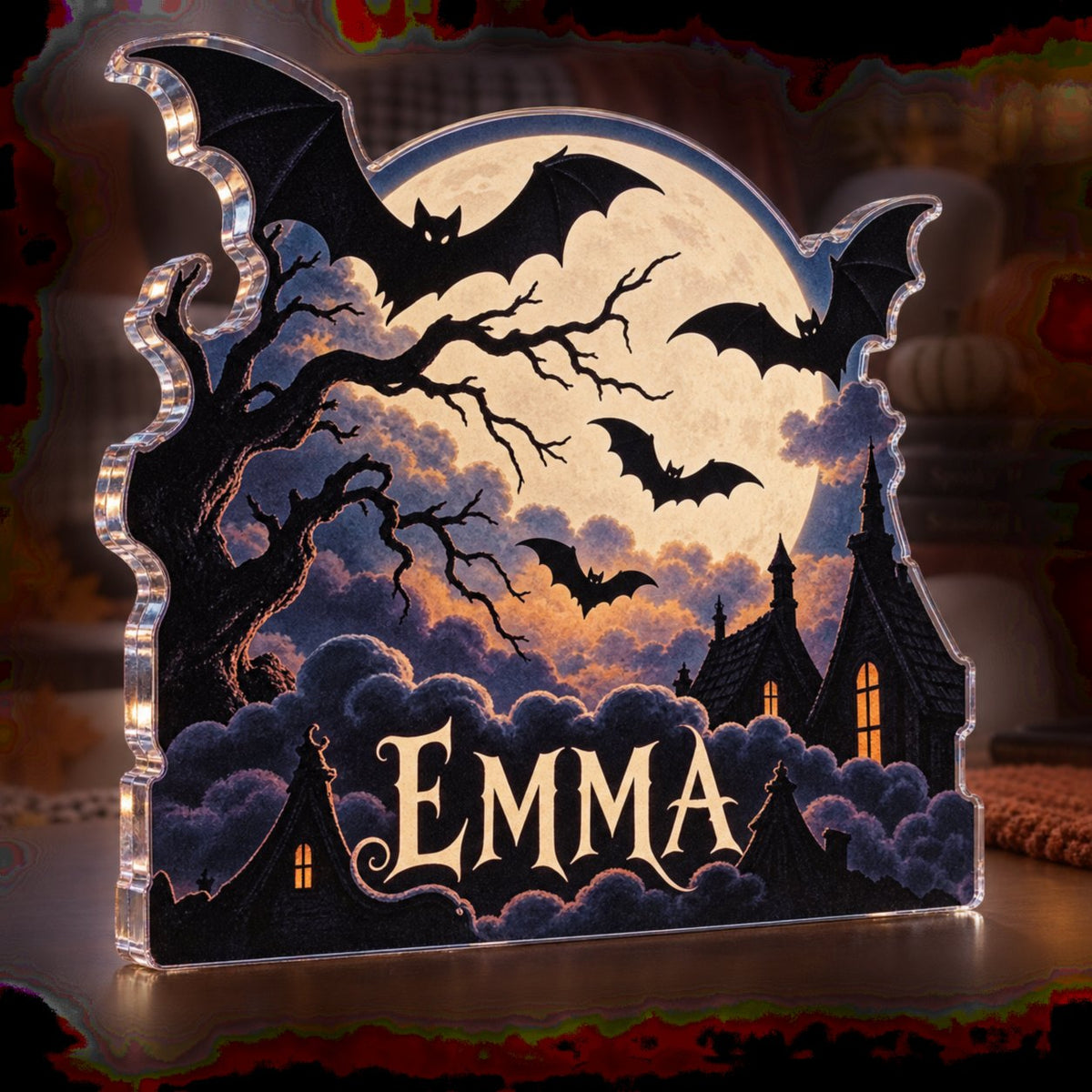 Personalized Full Moon Bats Seasonal Living Room Decor custom shape acrylic plaque with an example name set into the artwork, digital preview