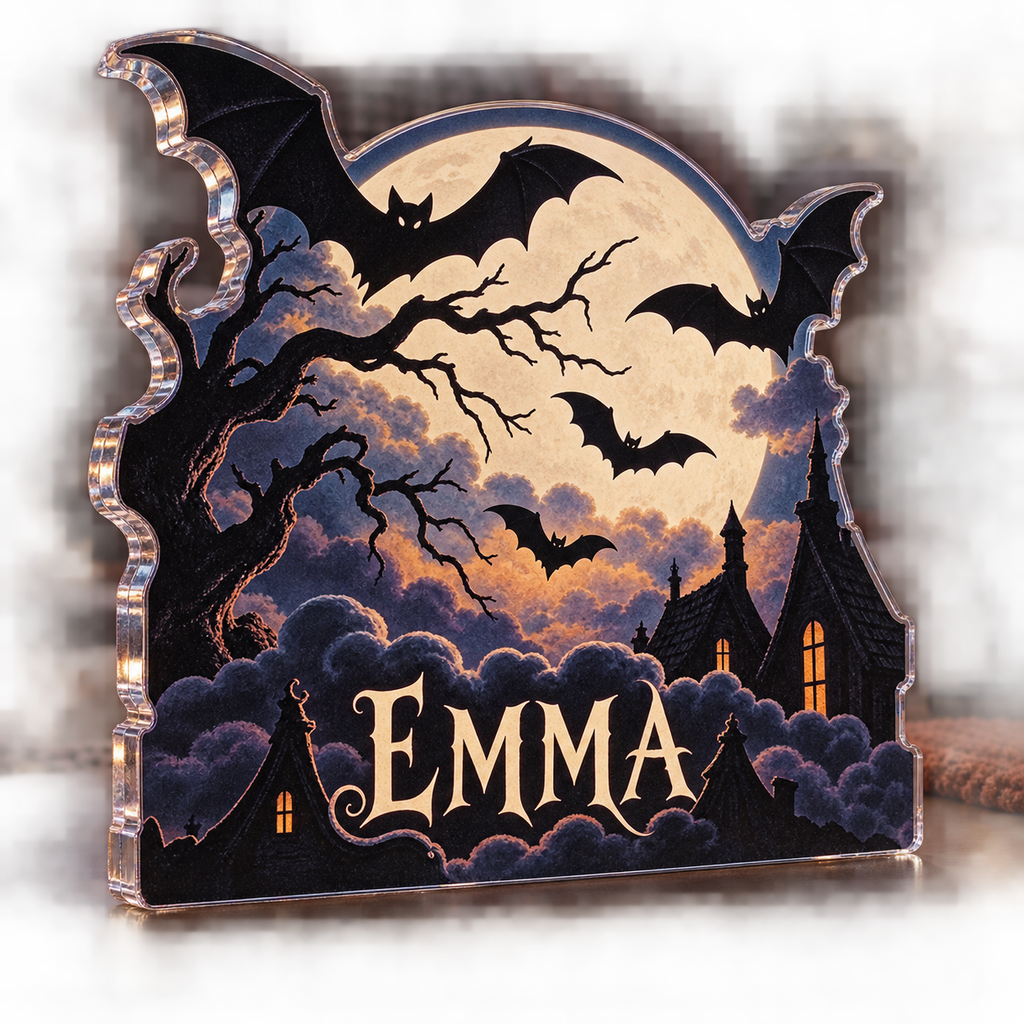 Artwork visualization: Full moon bats — seasonal living room decor, personalized EMMA, subject-shaped acrylic with printed optical 3D depth; not carved relief.
