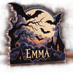 Artwork visualization: Full moon bats — seasonal living room decor, personalized EMMA, subject-shaped acrylic with printed optical 3D depth; not carved relief.