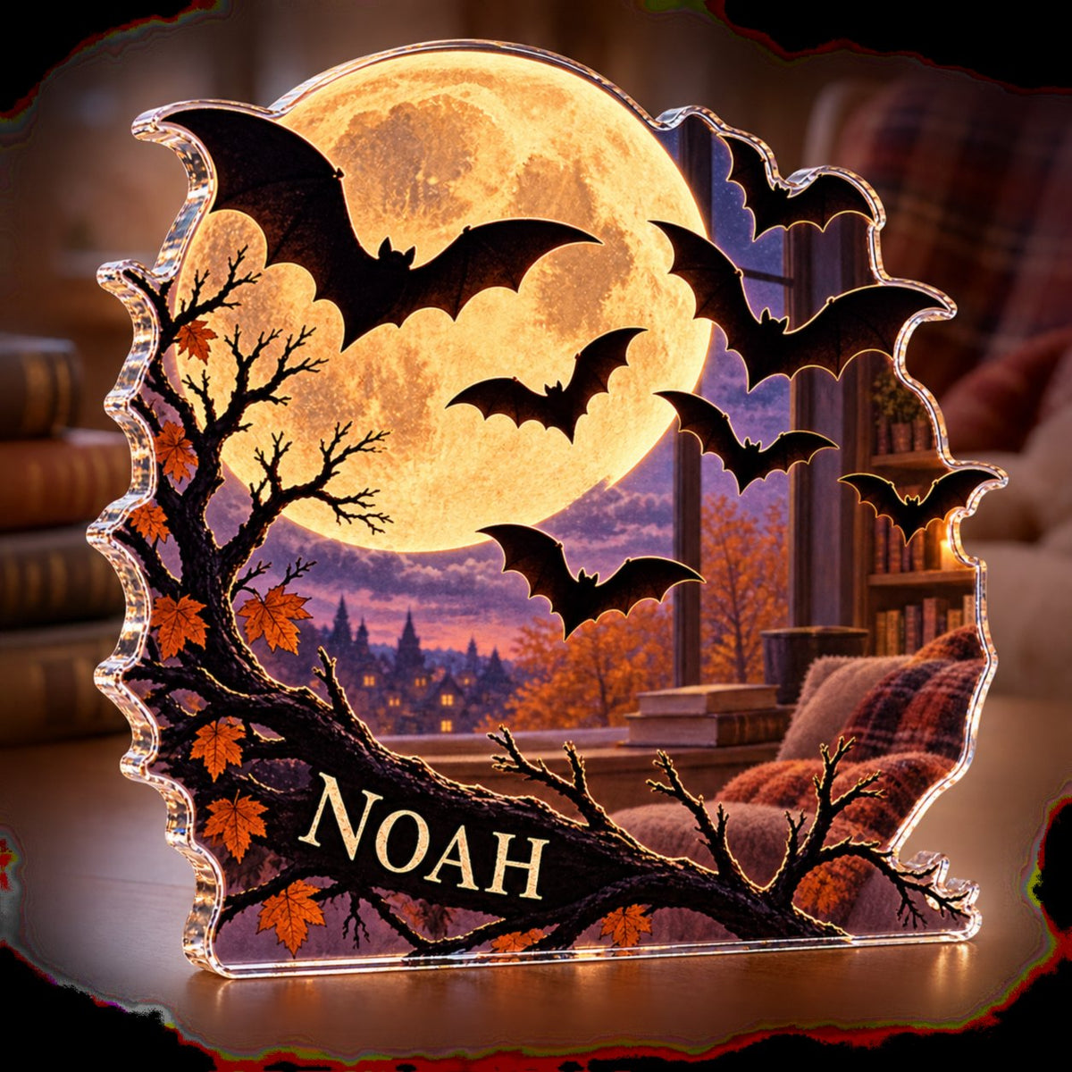 Personalized Full Moon Bats Reading Nook Seasonal Refresh custom shape acrylic plaque with an example name set into the artwork, digital preview