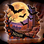 Personalized Full Moon Bats Reading Nook Seasonal Refresh custom shape acrylic plaque with an example name set into the artwork, digital preview