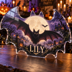 Artwork visualization: Full moon bats — Halloween party accent, personalized LILY, subject-shaped acrylic with printed optical 3D depth; not carved relief.