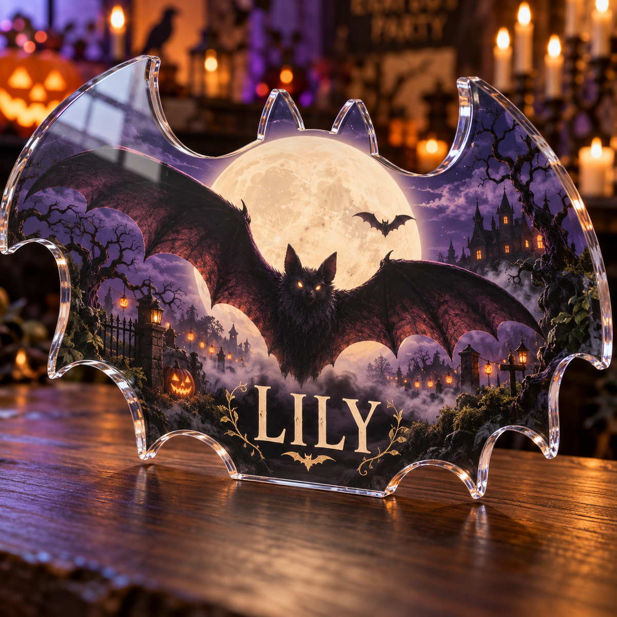 Artwork visualization: Full moon bats — Halloween party accent, personalized LILY, subject-shaped acrylic with printed optical 3D depth; not carved relief.