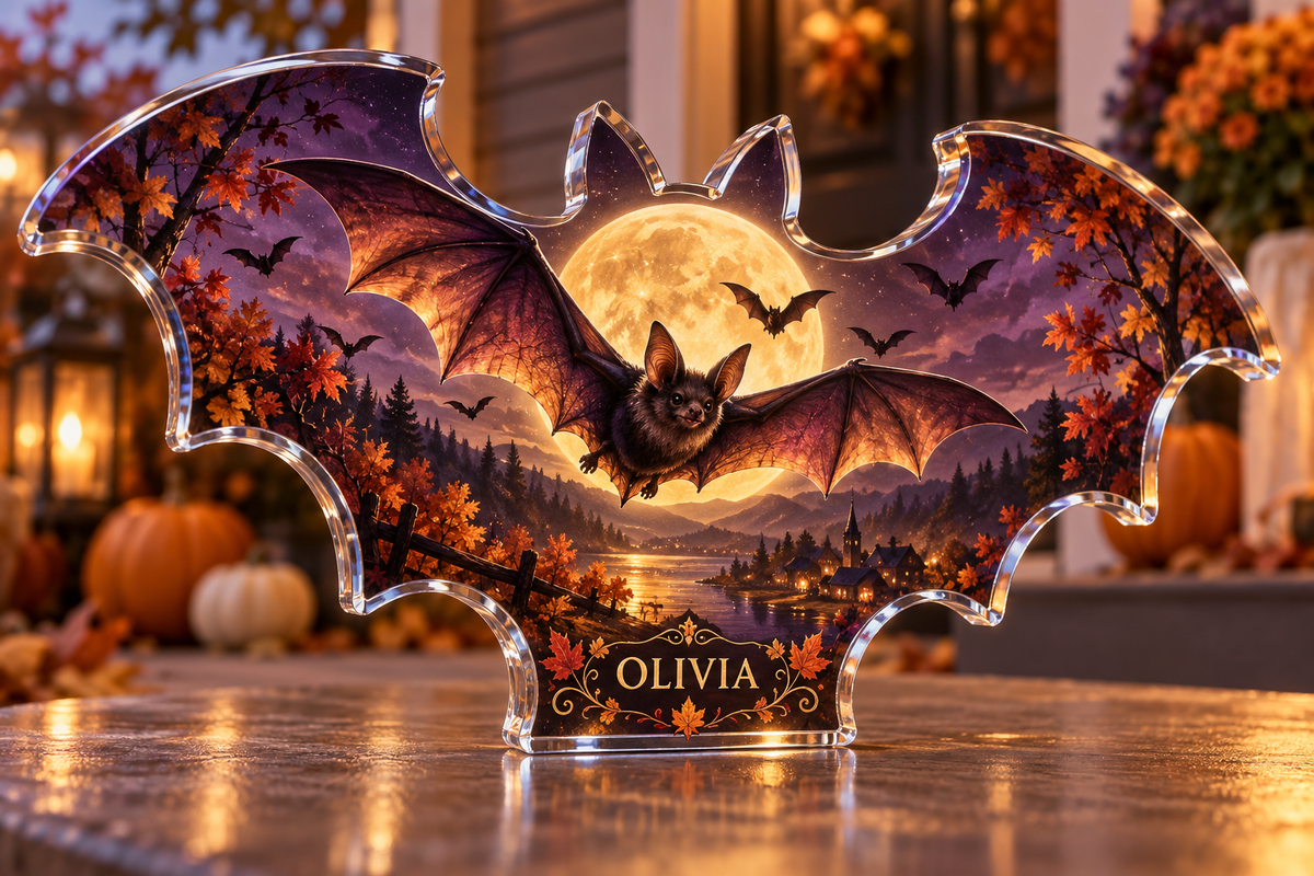 Artwork visualization: Full moon bats — host seasonal thank you, personalized OLIVIA, subject-shaped acrylic with printed optical 3D depth; not carved relief.