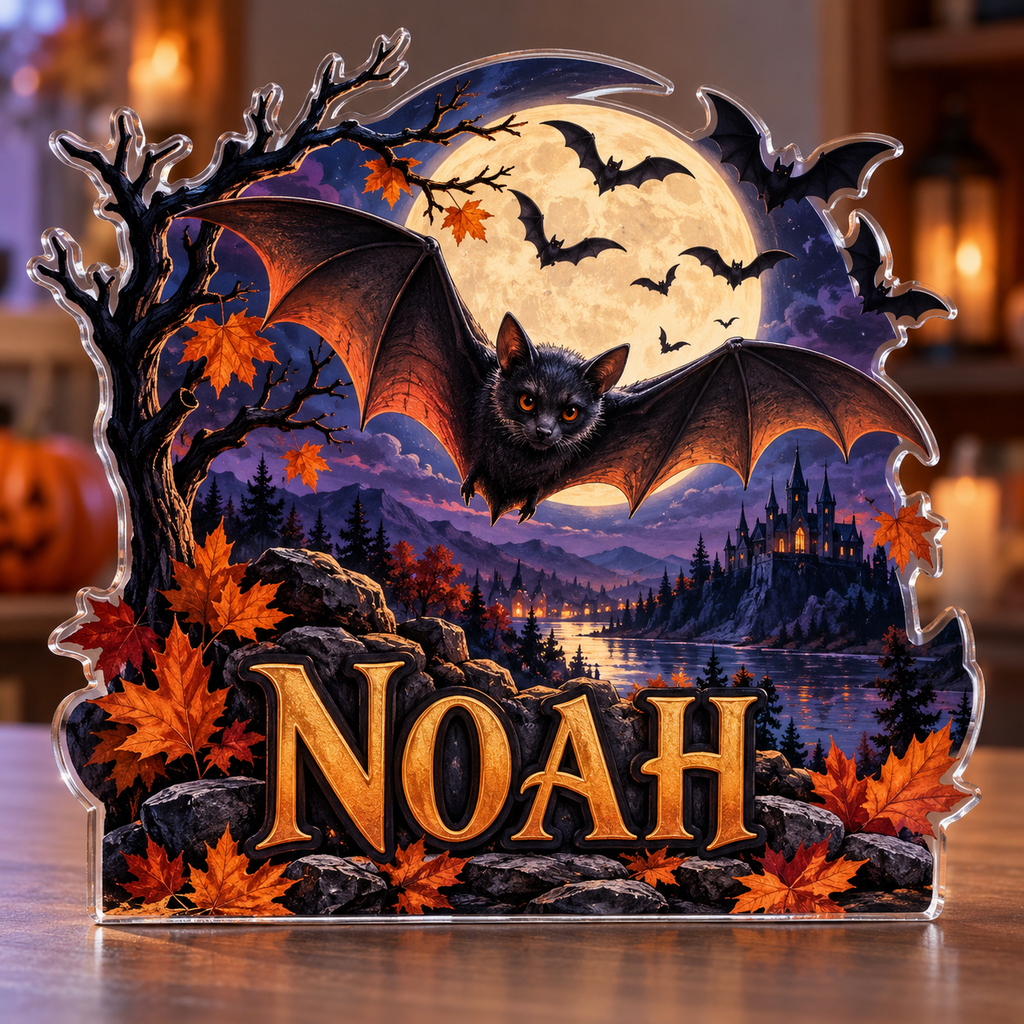 Artwork visualization: Full moon bats — autumn birthday gift, personalized NOAH, subject-shaped acrylic with printed optical 3D depth; not carved relief.