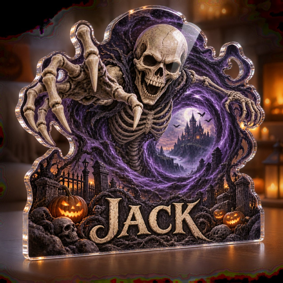 Personalized Skeleton Vortex Illusion Seasonal Living Room Decor custom shape acrylic plaque with an example name set into the artwork, digital preview