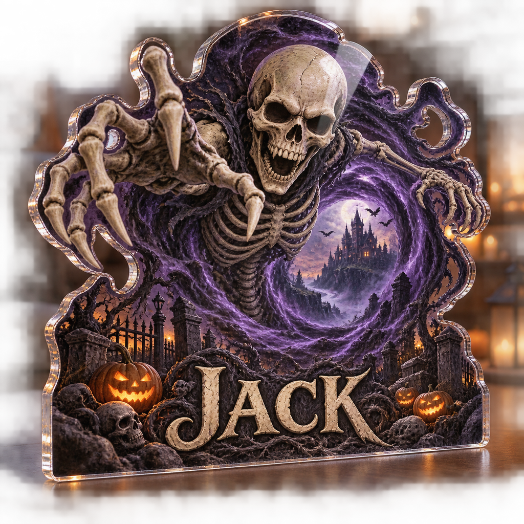 Artwork visualization: Skeleton vortex illusion — seasonal living room decor, personalized JACK, subject-shaped acrylic with printed optical 3D depth; not carved relief.