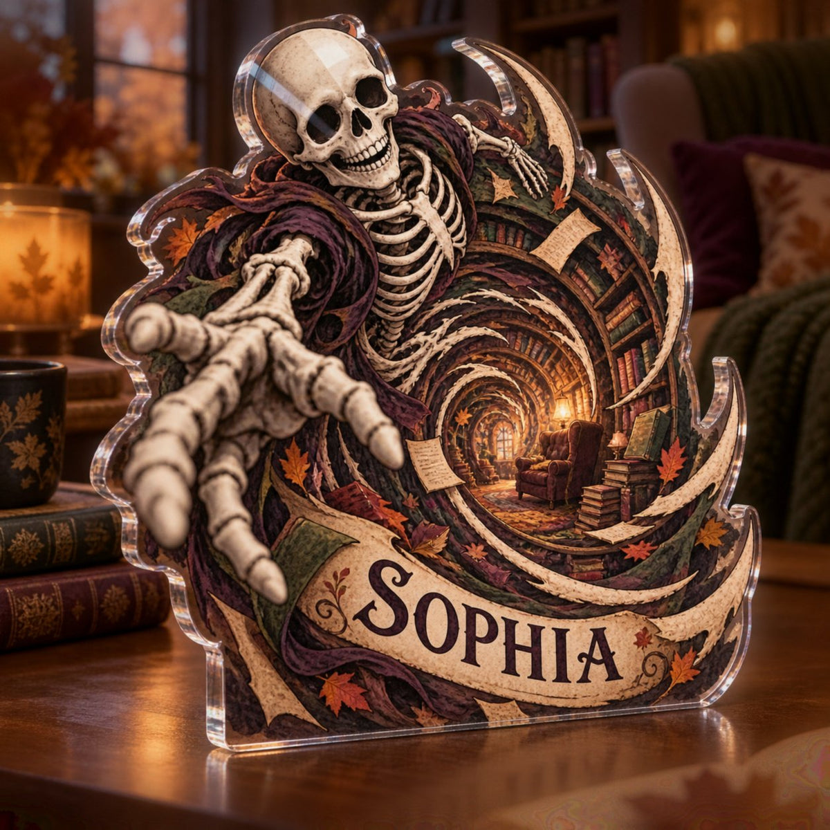 Personalized Skeleton Vortex Illusion Reading Nook Seasonal Refresh custom shape acrylic plaque with an example name set into the artwork, digital preview