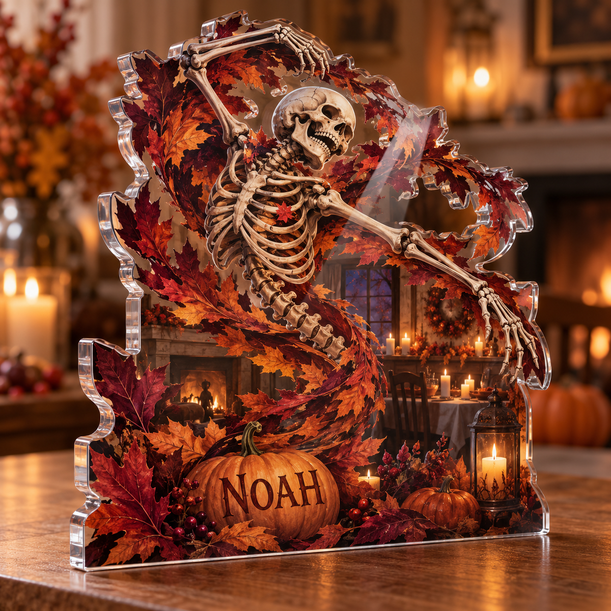 Artwork visualization: Skeleton vortex illusion — host seasonal thank you, personalized NOAH, subject-shaped acrylic with printed optical 3D depth; not carved relief.