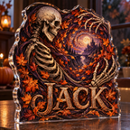 Artwork visualization: Skeleton vortex illusion — autumn birthday gift, personalized JACK, subject-shaped acrylic with printed optical 3D depth; not carved relief.