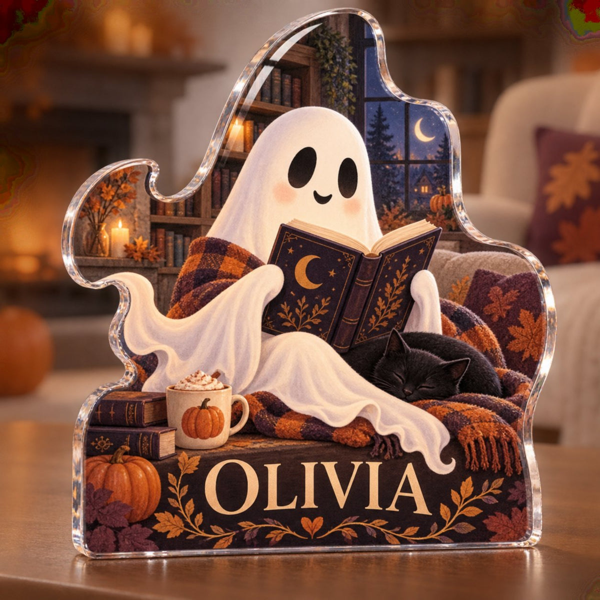 Personalized Ghost Reading Club Seasonal Living Room Decor custom shape acrylic plaque with an example name set into the artwork, digital preview