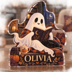 Artwork visualization: Ghost reading club — seasonal living room decor, personalized OLIVIA, subject-shaped acrylic with printed optical 3D depth; not carved relief.