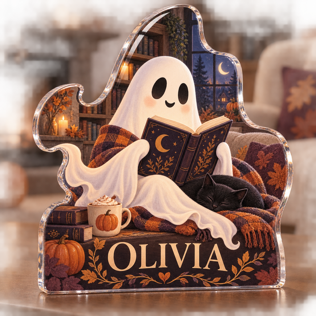 Artwork visualization: Ghost reading club — seasonal living room decor, personalized OLIVIA, subject-shaped acrylic with printed optical 3D depth; not carved relief.