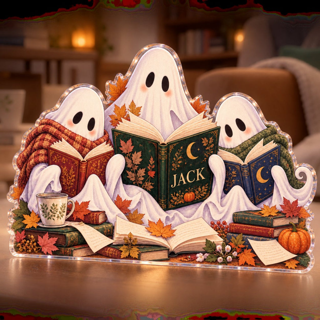 Personalized Ghost Reading Club Reading Nook Seasonal Refresh custom shape acrylic plaque with an example name set into the artwork, digital preview