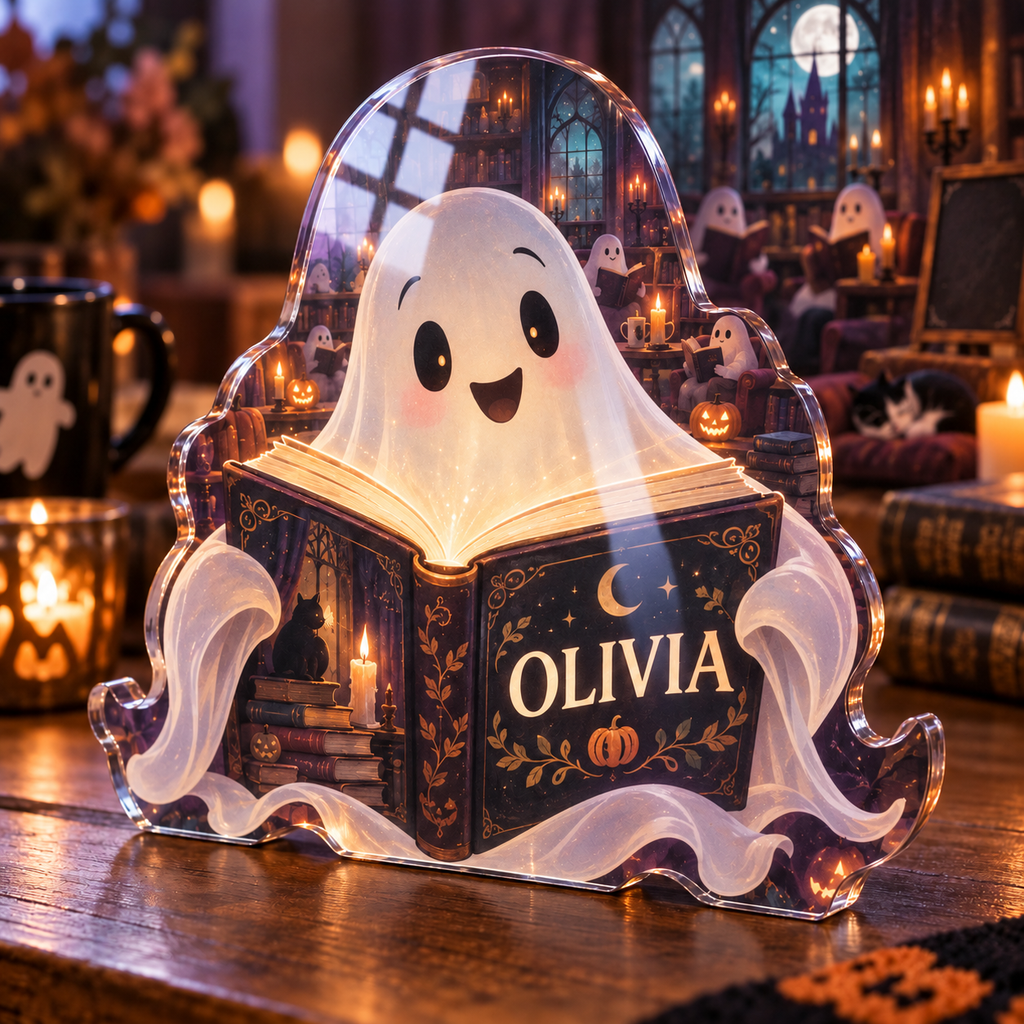 Artwork visualization: Ghost reading club — Halloween party accent, personalized OLIVIA, subject-shaped acrylic with printed optical 3D depth; not carved relief.