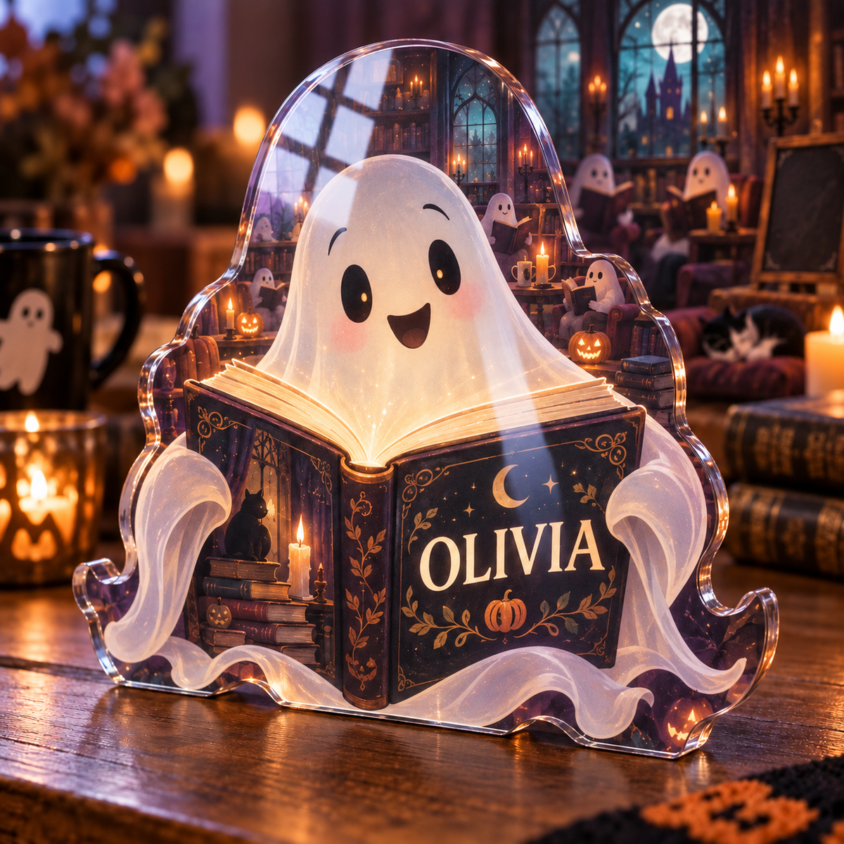 Artwork visualization: Ghost reading club — Halloween party accent, personalized OLIVIA, subject-shaped acrylic with printed optical 3D depth; not carved relief.