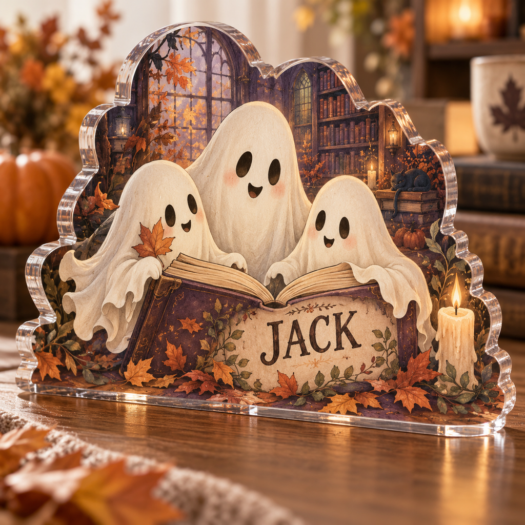 Artwork visualization: Ghost reading club — host seasonal thank you, personalized JACK, subject-shaped acrylic with printed optical 3D depth; not carved relief.