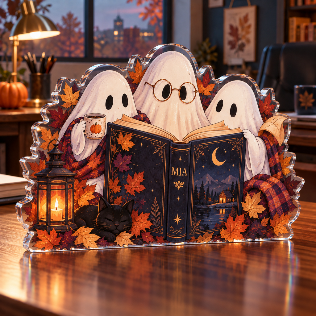 Artwork visualization: Ghost reading club — office seasonal desk, personalized MIA, subject-shaped acrylic with printed optical 3D depth; not carved relief.