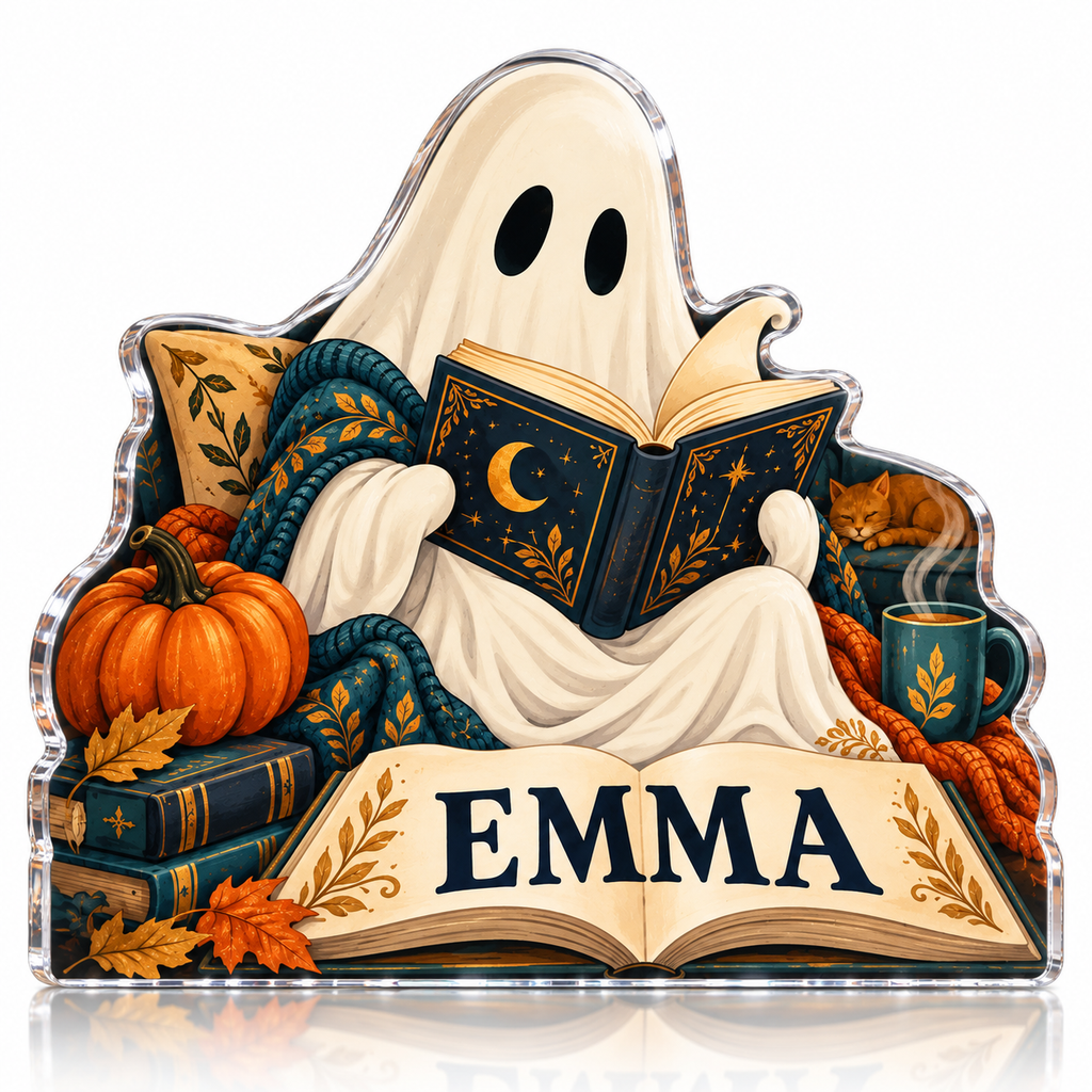 Artwork visualization: Ghost reading club — family seasonal keepsake, personalized EMMA, subject-shaped acrylic with printed optical 3D depth; not carved relief.
