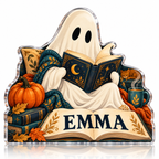 Artwork visualization: Ghost reading club — family seasonal keepsake, personalized EMMA, subject-shaped acrylic with printed optical 3D depth; not carved relief.