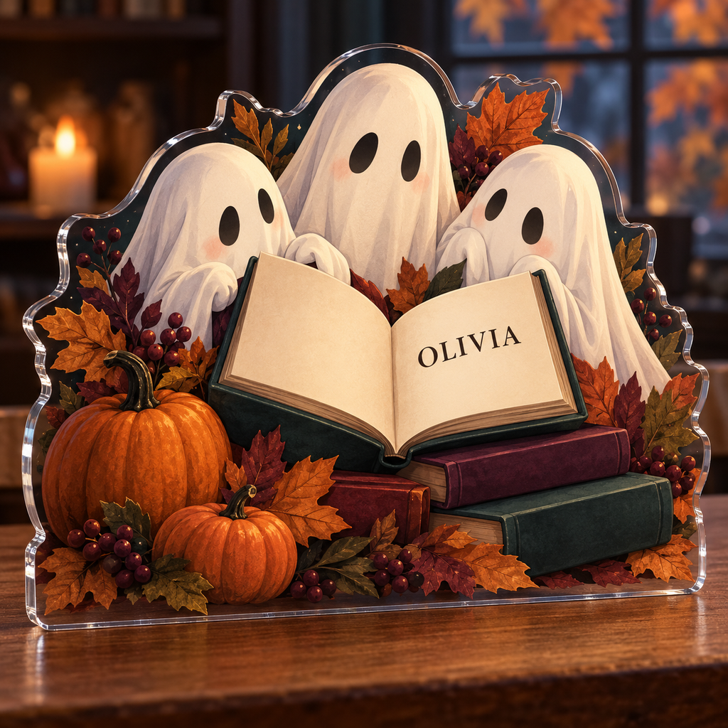 Artwork visualization: Ghost reading club — autumn birthday gift, personalized OLIVIA, subject-shaped acrylic with printed optical 3D depth; not carved relief.