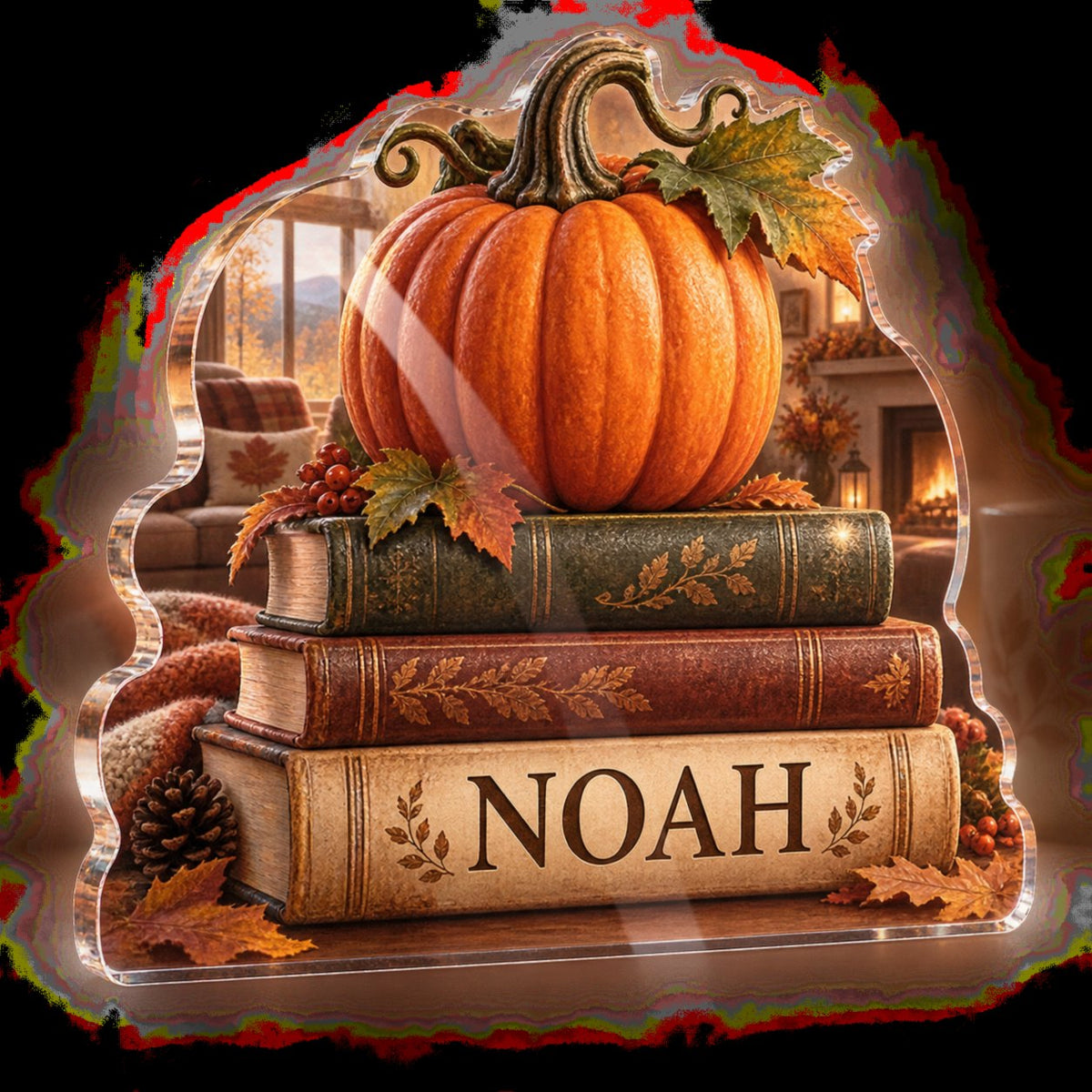Personalized Pumpkin Book Stack Seasonal Living Room Decor custom shape acrylic plaque with an example name set into the artwork, digital preview