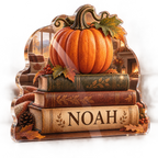 Artwork visualization: Pumpkin book stack — seasonal living room decor, personalized NOAH, subject-shaped acrylic with printed optical 3D depth; not carved relief.