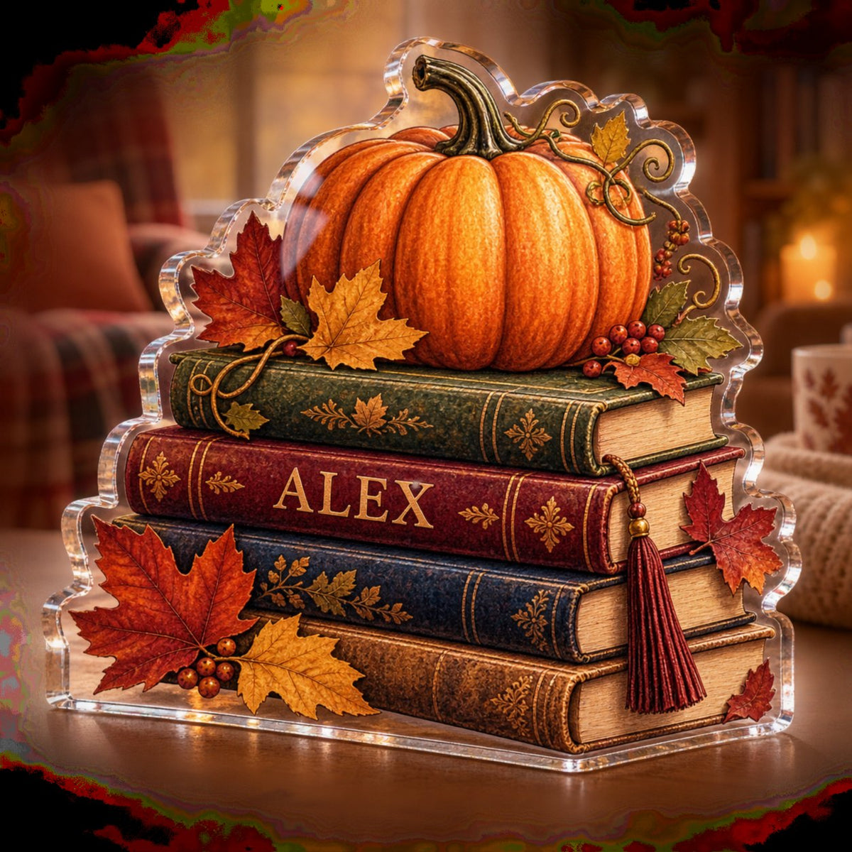 Personalized Pumpkin Book Stack Reading Nook Seasonal Refresh custom shape acrylic plaque with an example name set into the artwork, digital preview