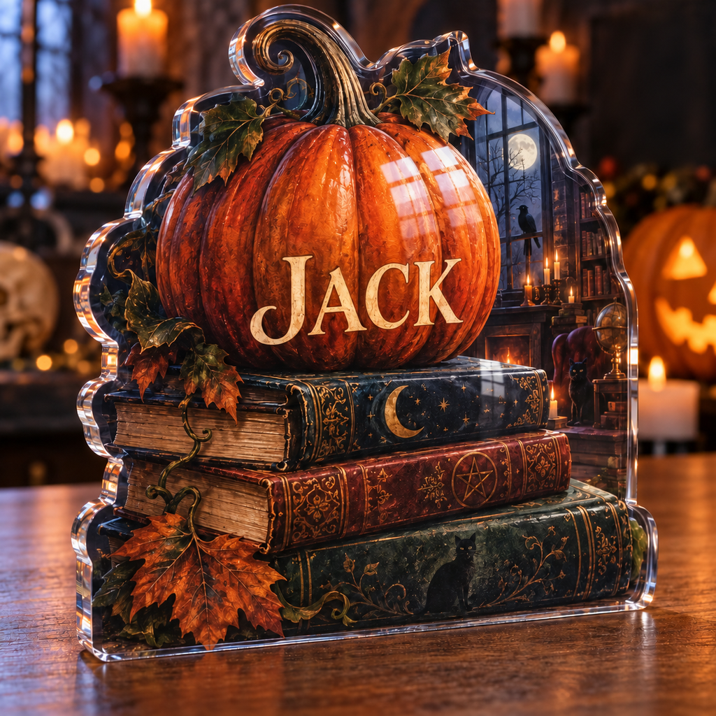 Artwork visualization: Pumpkin book stack — Halloween party accent, personalized JACK, subject-shaped acrylic with printed optical 3D depth; not carved relief.