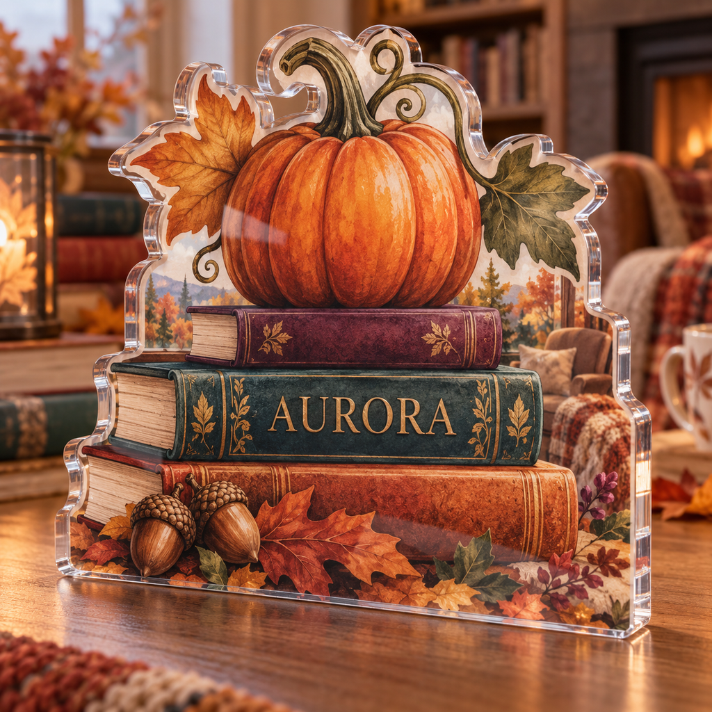 Artwork visualization: Pumpkin book stack — host seasonal thank you, personalized AURORA, subject-shaped acrylic with printed optical 3D depth; not carved relief.
